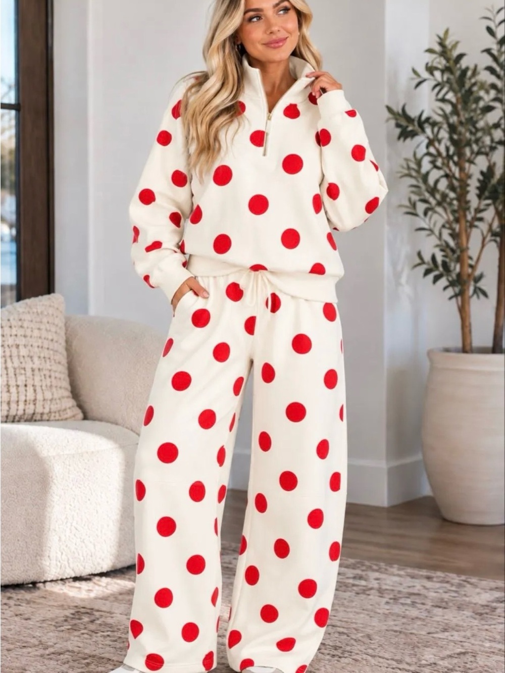 Zenana Cream & Red Polka Dot Pants & Halfzip Pullover Set